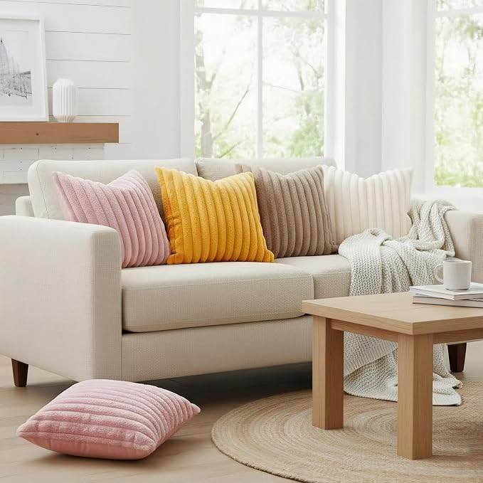 decorUhome Fall Faux Fur Throw Pillow Covers 20x20 Set of 2 Cream White | Decorative Soft Cozy Striped Plush Modern Farmhouse Boho Couch Pillow Cases Velvet Back for Sofa Bed Living Room Home Decor
