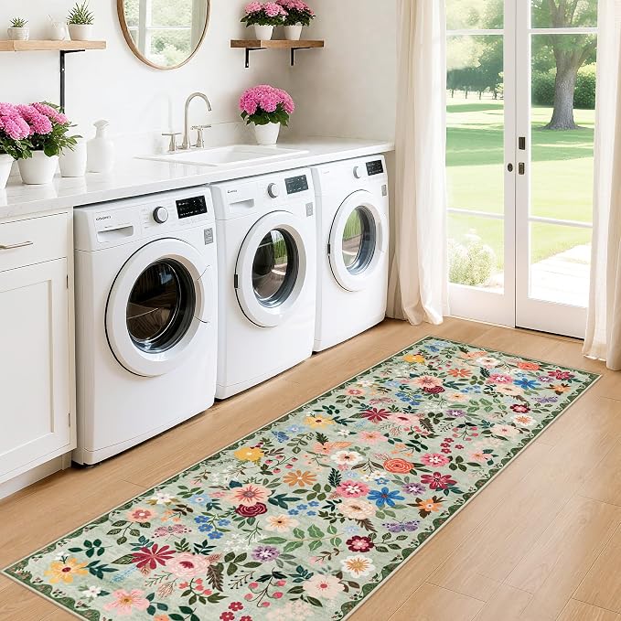 PLHXFR 2.6x8 Washable Runner Rug：Floral Indoor Kitchen Soft Carpet Green | For Hallway Bedroom Kitchen Laundry Bathroom Dorm,Vintage Floral,Machine washable,Non Slip,Stain Resistant,Indoor Floor
