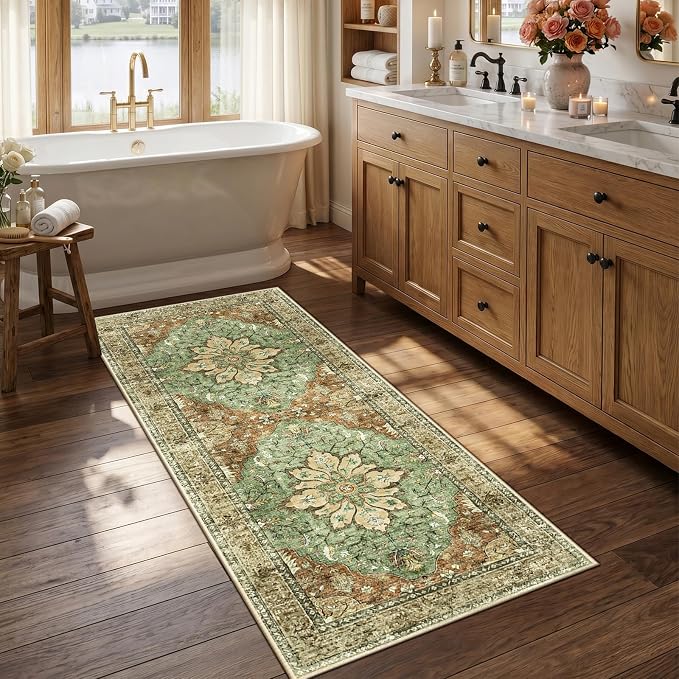 RELEANY Washable Area Rug, Runner 2'6"x5', Brick/Brown/Green | Non-Slip, Water Repellent, Pet Friendly, Easy to Clean, Vintage Floral Boho Decor for Kitchen Entry Bedroom Bedside Laundry