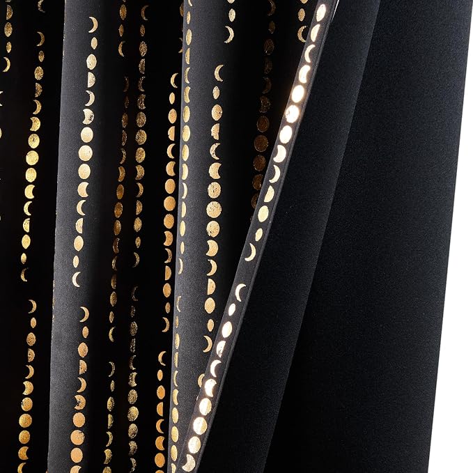 jinchan Boho Blackout Curtains 63 Inch Length Moon Phase Printed Drapes | Gold on Black Farmhouse Curtain for Bedroom Living Room Back Tab Rod Pocket Drapes Room Darkening Window Treatment 2 Panels