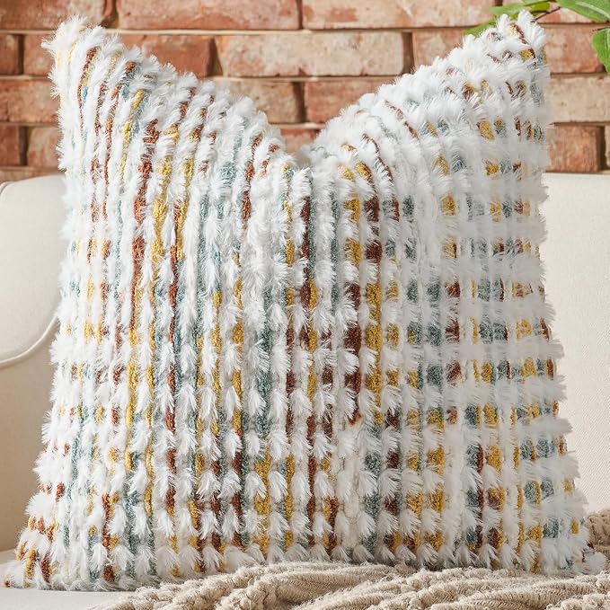 AmHoo Boho Chenille Pillow Cover Decorative Tufted Pillowcase for Couch Bed Sofa Bedroom Living Room Modern 20 x 20-Inch Brown White