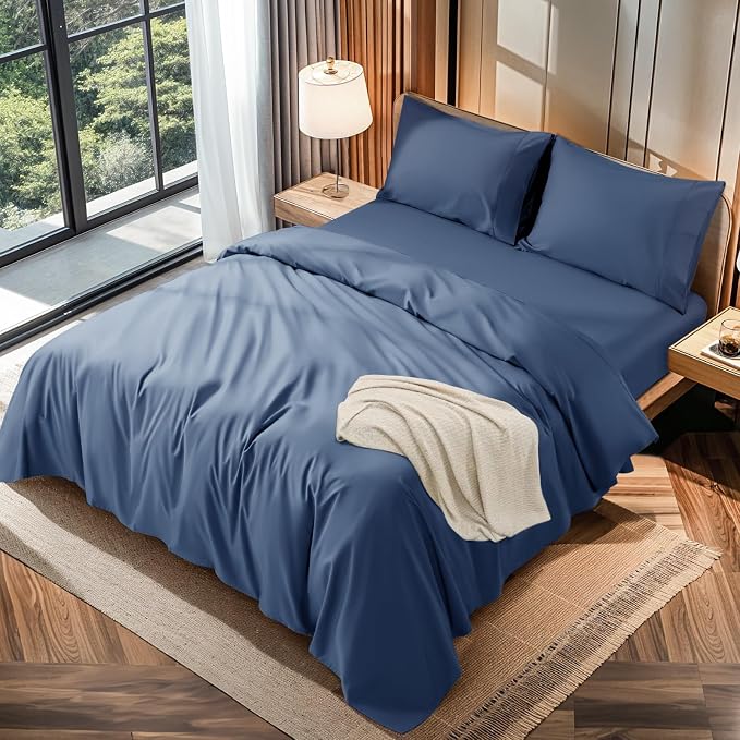 LBRO2M 100% Egyptian Cotton Sheets 1200 TC, Deep Pocket 16", 4Pcs, Cal King | Long Staple Cotton Bed Sheets, Extra Soft and Breathable Sheets, Cozy for All Seasons, Navy Blue
