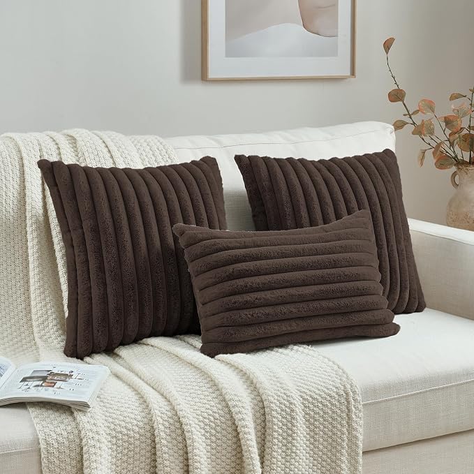 FUTEI Pack of 2 Faux Fur Throw Pillow Covers 12x20 Inch, Dark Coffee | Fluffy Faux Rabbit Fur Front/Premium Velvet Back,Hidden Zipper,Machine Washable,Non-Shedding,Colorfast,Insert Not Included.