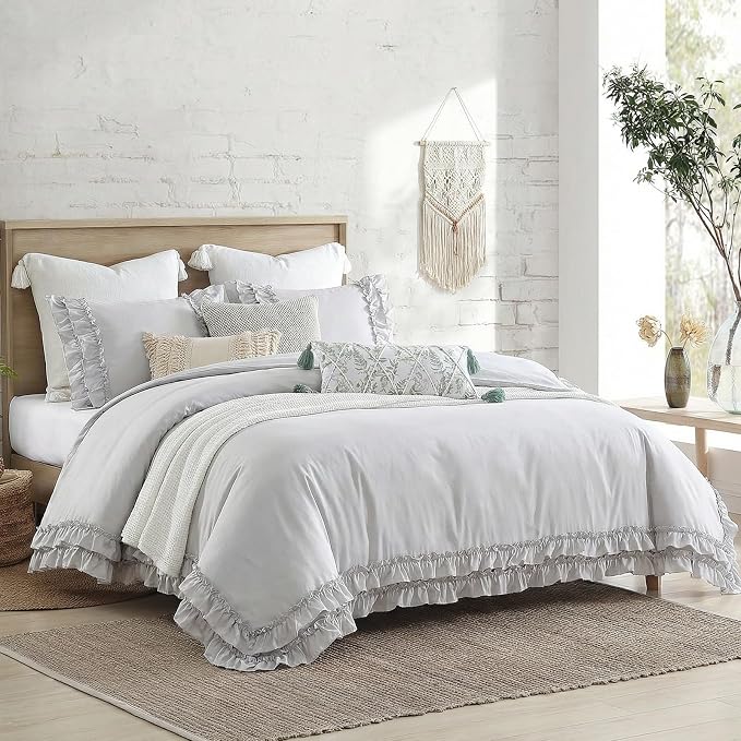 Bedorm Gray Duvet Cover Set King Ruffle Bedding Set Pleat Ruffled Shabby Chic Comforter Cover Extra Soft & Easy Care Gray Boho Duvet Cover with Zipper Closure