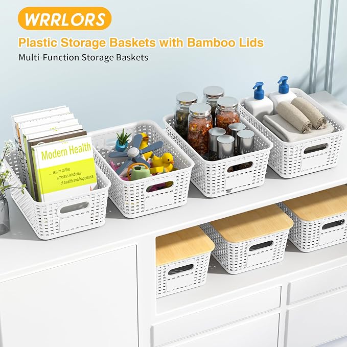 6 Pack Plastic Storage Baskets,White bamboo lid storage Box | Labels, Stackable, For Organizing Shelves Pantry Drawers Desktop Closets Organizing Desktop Closet Playroom Classroom