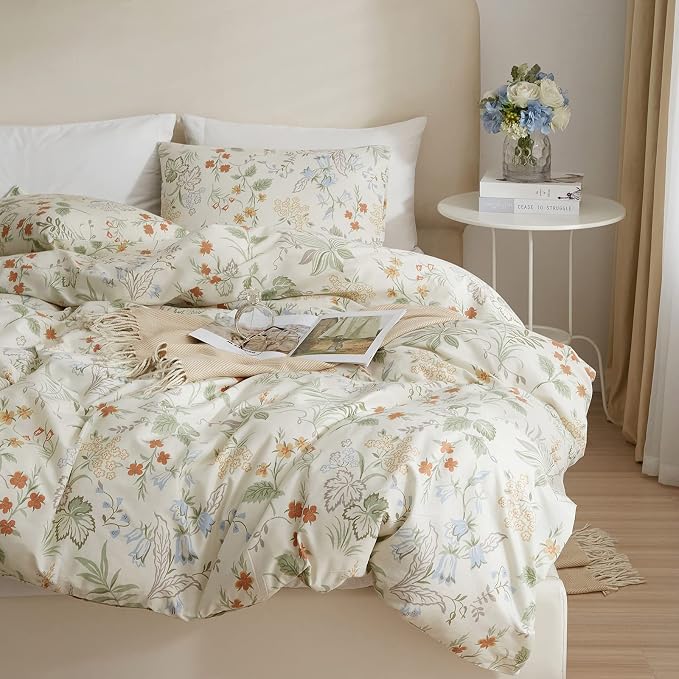 mixinni Floral Duvet Covers King Size Botanical Flower Leaf Printed on White Bedding Duvet Cover Set with Zipper Closure Ties for Him and Her 1 Duvet Cover with 2 Pillowcases-(3pcs, King Size)