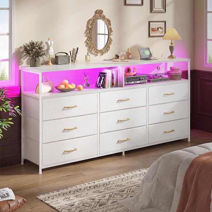 55" W Dresser for Bedroom with 9 Drawers LED, Power Outlets Fits 65" TV | TV Stand for 45, 55, 65 Inch TV Sturdy Long Chest of Drawers with Extra 2 Wooden Shelves Steel Frame PU Leather Drawer