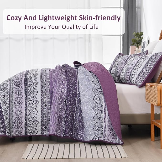 WONGS BEDDING Boho Quilt Queen Size,3 Pcs Purple Bedspread Bedding Set | Colorful Bohemian Striped Printed Bedding for All Season, Lightweight Microfiber Coverlet Set with 2 Pillowcases(96"x90")