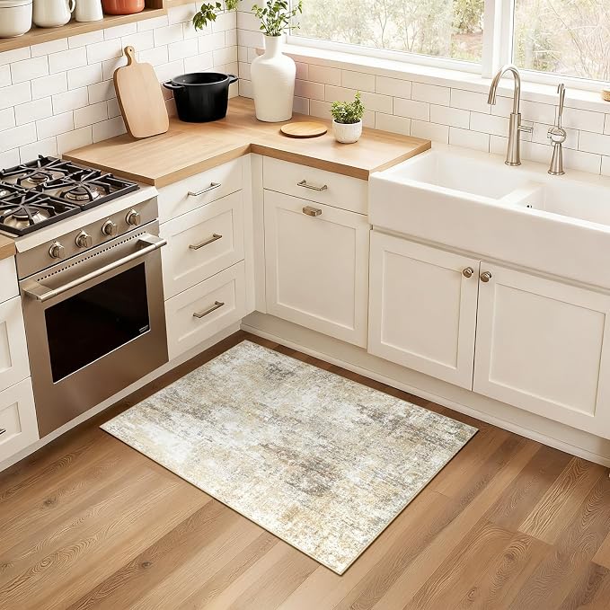 RELEANY Washable 2'x3' Abstract Area Rug for Living Room Neutral Brown | Carpet for Bedroom, Kitchen, Office, Hallway and Entryway, Printed Pattern, Non‑Slip, Soft, Stain‑Resistant, Easy to Clean