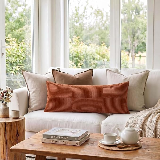 Fancy Homi Set of 2 Rust Boho Long Lumbar Body Decorative Throw Pillow Cover 14x36 Inch for Bed Couch Bedroom Bench, Soft Patchwork Corduroy Textured Pillow Case, Rustic Farmhouse Room Décor