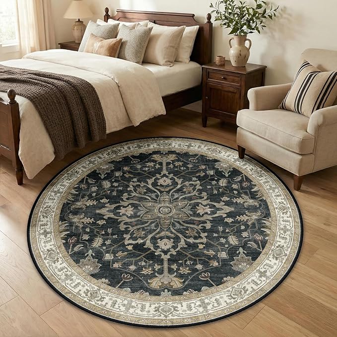 RELEANY Washable Area Rug, Round 5ft, Black/Vintage/Beige | Non-Slip, Water Repellent, Pet Friendly, Easy to Clean, Vintage Floral Boho Decor for Living Room Bedroom Dining Room