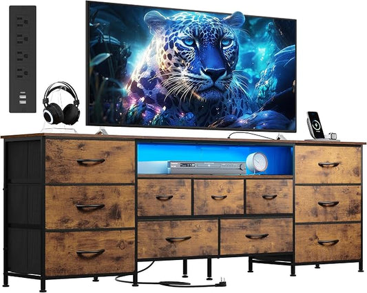 WLIVE Dresser TV Stand for 85 Inch TV, 11 Drawer LED Dresser, Rustic Brown | Fits TVs up to 85 inch, 11 fabric drawers, Built-in power outlet, Chest of drawers, Living room or bedroom
