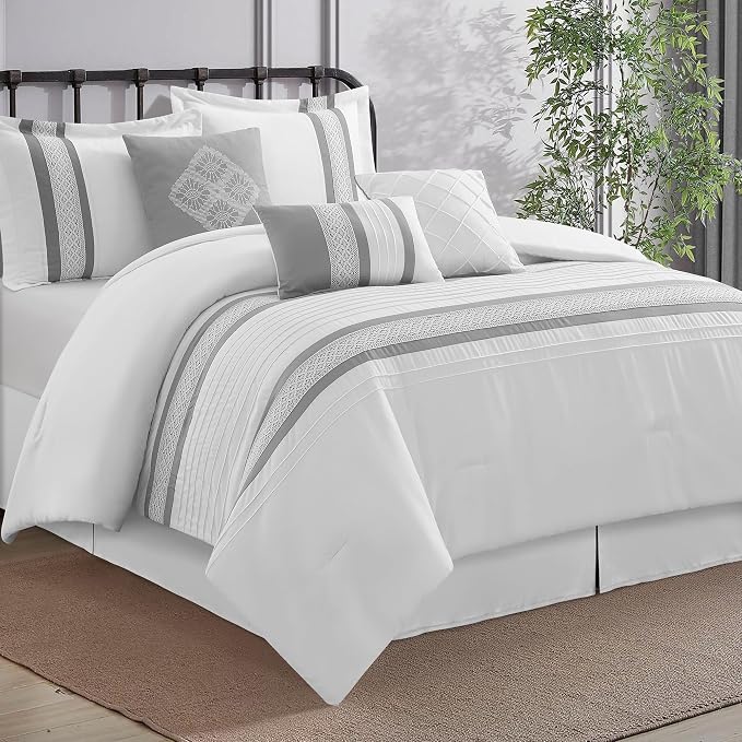 7 Piece Comforter Set, Grey White, Queen Size, Boho Style Geometric Microfiber Embroidery, Bed in a Bag with Bedskirt, Pillow Shams and Decor Pillows