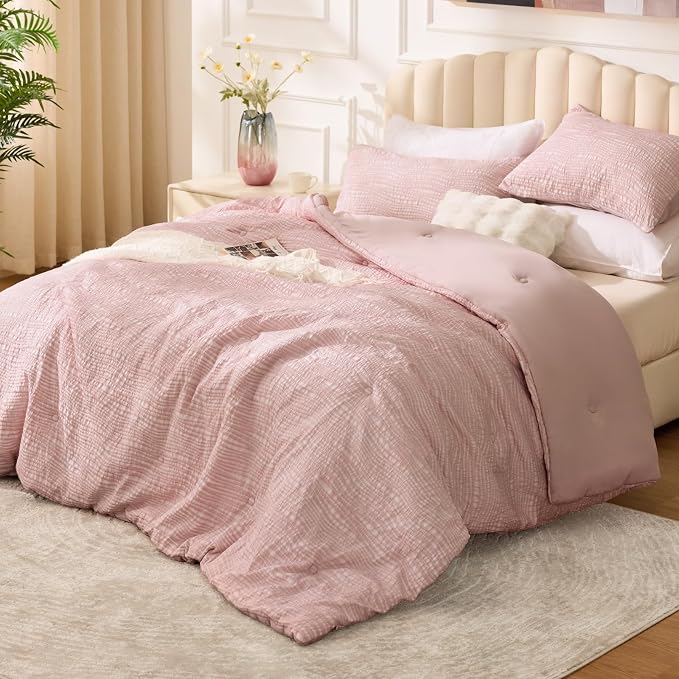 BEDELITE Queen Comforter Set Striped-Blush Pink,Lightweight &Soft Comforter | Pintuck Boho Bedding, Warm & Cute Bed Set for All Season,With 2 Pillowcases