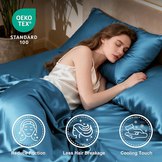 Love's cabin Satin King Sheet Sets - 4 Piece Teal Silky Sheets King Size Bed Set with Deep Pocket, Luxury Silk Feel King Size Satin Sheet Set (1 Flat Sheet,1 Fitted Sheet,2 Pillow Cases)