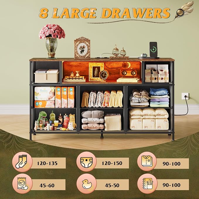 WLIVE LED Dresser TV Stand for 55 Inch TV, 8 Drawers, Pattern | Fits TVs up to 55 inch, 8 fabric drawers, LED chest of drawers, Built-in power outlet, Living room or bedroom