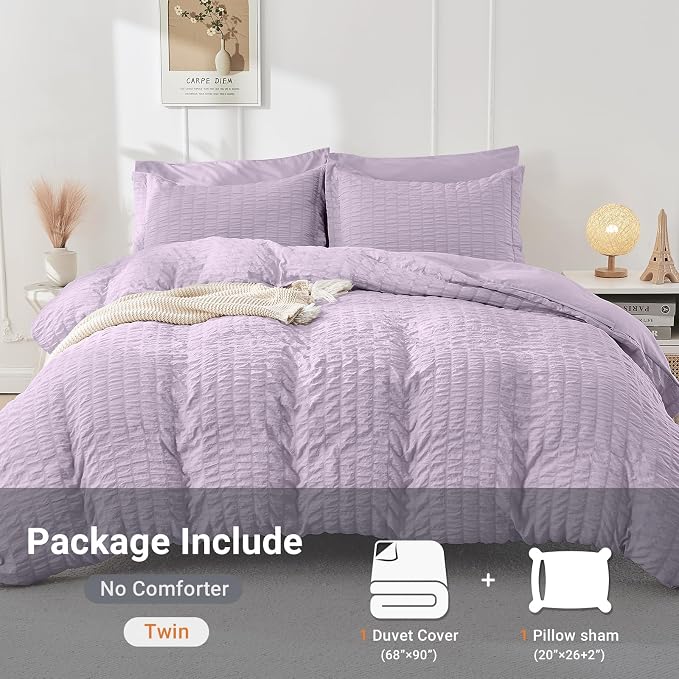 HYMOKEGE Lavender Twin Size Duvet Cover, Ultra Soft 2-Piece Seersucker Duvet Cover Set with Zipper Closure, Soft Brushed Microfiber Bedding Set with 8 Corner Ties (68"x90", 1 Pillowshams)