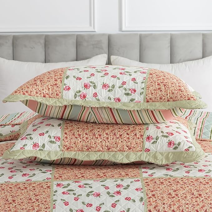 Quilt Set King Size, Bedspread Sets Warm Orange Floral, Reversible Quilt Bedding Set Lightweight and Breathable for All Seasons, Soft Quilted Bedspread with 2 Pillow Shams