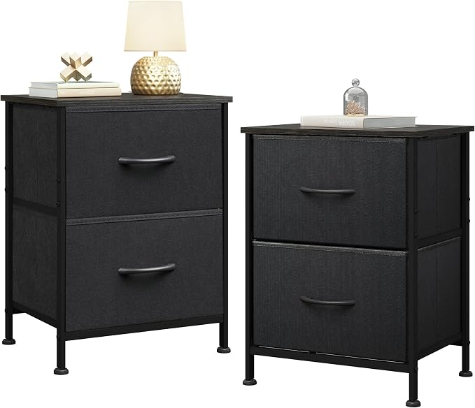 WLIVE Black Nightstand Set of 2, Night Stand with 2 Fabric Drawers, Small Dresser for Bedroom, Bedside Tables for Small Spaces, Dorm, Wood Top | Versatile Small Side Table, Sturdy Metal Frame & Adjustable Feet, 15-Min Quick-Assembly