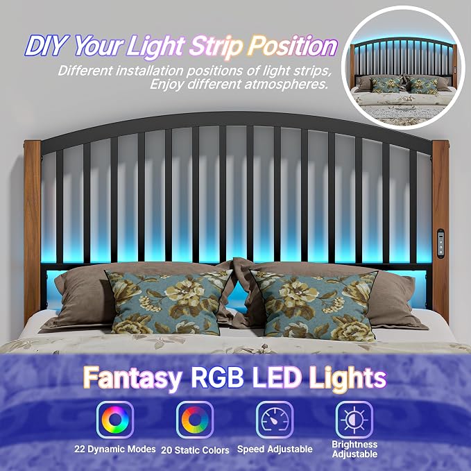 Metal Queen Headboard Only with LED Lights and USB, Cherry Wood Grain | Freestanding queen size headboard; adjustable height; USB charging station; modern bedroom design
