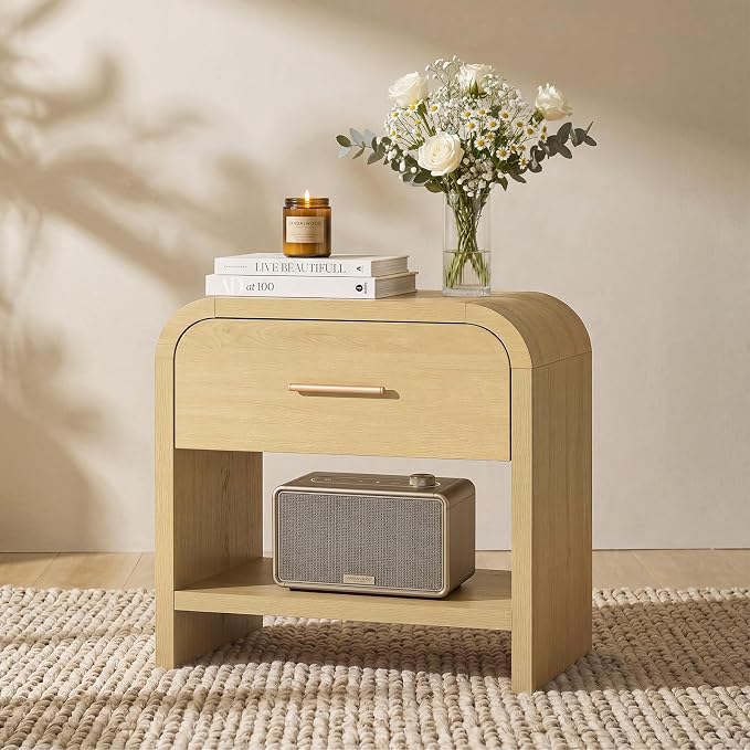 Night Stand [Unique Curved Profile] [FSC-Certified Wooden Board] 1-Drawer and 1 Storage Shelf Nightstand 24" H Metal Handle Modern Bedside Table Side Table End Table | [Curved Profile] [FSC-Certified Wooden Board] Nightstand 24" H Metal Handle Modern B...