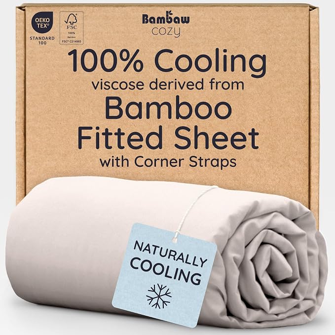 Bambaw 100% Viscose Derived from Bamboo Twin XL Fitted Sheet – Twin XL Fitted Sheet with Corner Straps, Breathable & Cooling, Smooth Touch, Deep Pocket Design, Secure Hold for Restful Sleep (Sand)