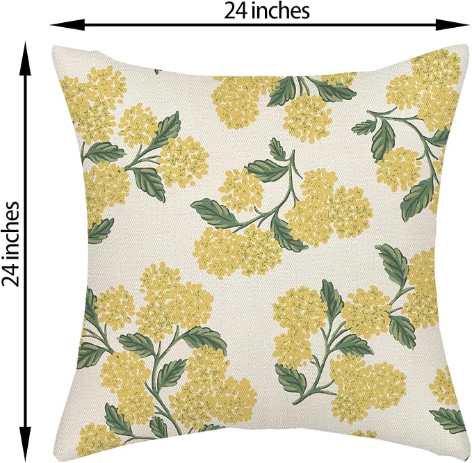 Mustard Yellow Outdoor Pillow Covers 24x24 Inch 2 Pcs Green Hydrangea Flower Decor Throw Pillows Spring Summer Seasonal Vintage Floral Decoration Pillowcase Linen Cushion Cover for Couch Sofa