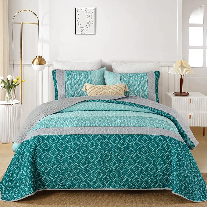 Cottolester Teal Quilt Set Full Size,3 Pieces Boho Striped Plaid Bedspread | Soft Microfiber Quilt for Teens Boys Adults,Ultra Soft Summer Lightweight Coverlets Set 78"x90"
