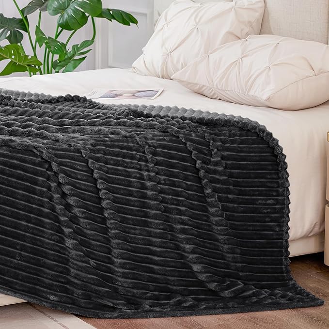 BEDELITE 3D Ribbed Jacquard Black King Size Blankets for Bed, 108x90 Inch | Soft Warm Decorative Fluffy Blanket, Cozy Fuzzy Lightweight Plush Fleece Throw Blankets for Bed, Room Decor, Gift for Women
