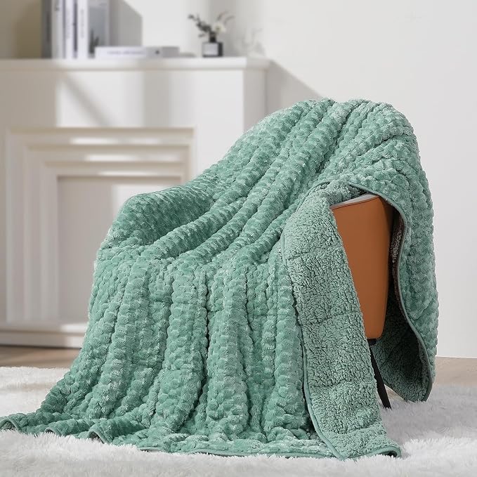 Mr. Sandman Weighted Blankets for Adults, Full Size 48 x 72 Inches, 12lbs | Machine Washable; Soft Warm Sherpa Fleece; Jacquard Flannel Filled with Glass Beads; Heavy Throw for Sleep and Calm; Green