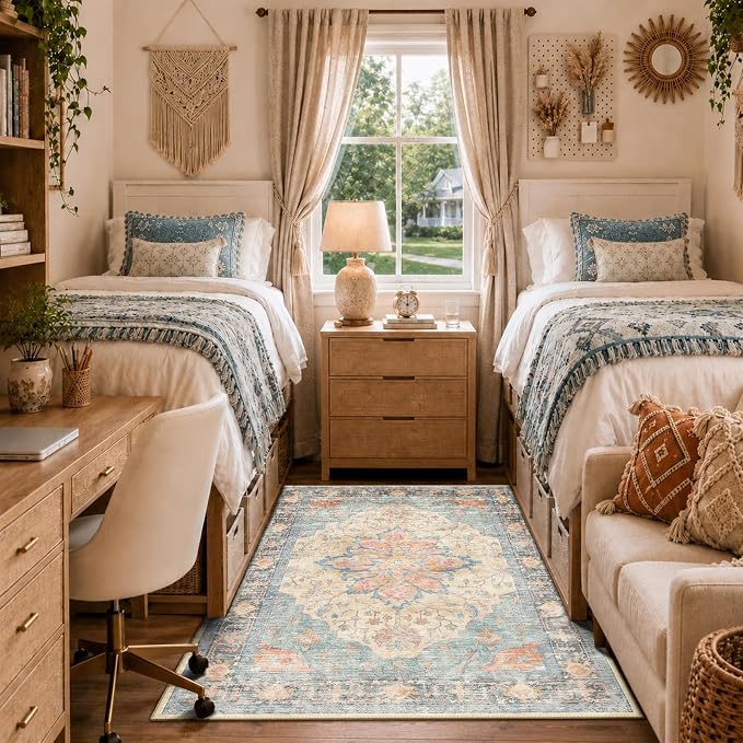 RELEANY Washable Area Rug, 4'x6', Blue/Orange/Red | Non-Slip, Water Repellent, Pet Friendly, Easy to Clean, Vintage Floral Boho Decor for Living Room Bedroom Kitchen Office