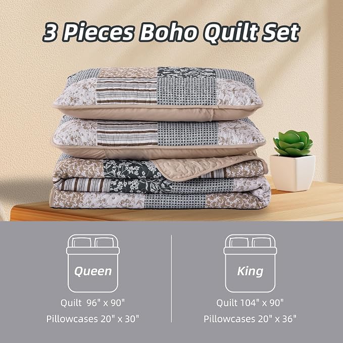 Mybedsoul Boho Quilt King Size, Patchwork Bedding Set, Blue Brown | Soft Lightweight Microfiber Floral Coverlet Set, 3 Pieces Plaid Bedspread, Bed Sets for All Seasons 90"x110"