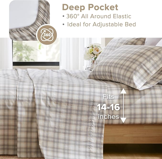 Comfort Spaces 100% Cotton Percale Sheets Full Size 4 Piece, Wesley Taupe | Crisp, Cool & Breathable Bed Sheets, 14" Deep Pocket Fits Up to 16" Mattress, Lightweight, All Season Cozy, with Pillow Case