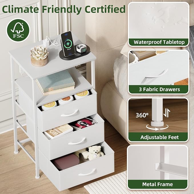 Somdot Nightstands Set of 2 with 3 Drawers, Charging Station & LED Light | Open-Shelf End Tables for Bedside, Small Spaces, Bedroom, Entryway and Hallway, White