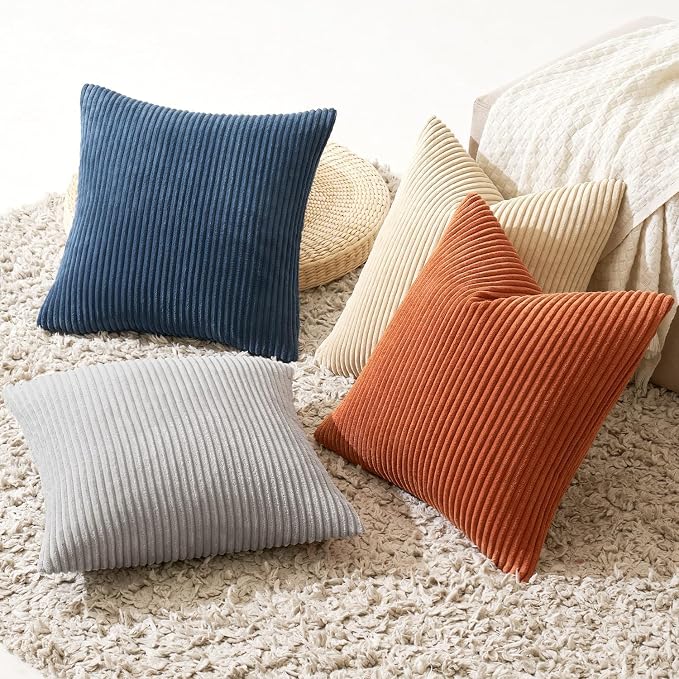 MIULEE Soft Corduroy Decorative Throw Pillow Covers Blue-Yellow 20x20 | Set of 4, Mordern Nordic Coastal Decor, Ocean Ember Set, Boho Farmhouse Cushion Covers for Couch Bed Sofa Living Room