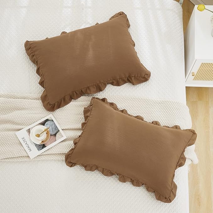 Brown Pillow Shams Coffee Brown Ruffle Queen Pillowcases Cute Pillow Cover Set of 2 Shabby Chic Soft Pillowcases 2 Pack (Queen (20''x30'')