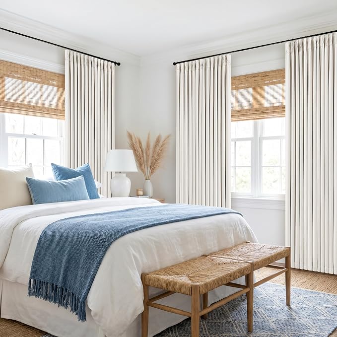 Ivory White Pinch Pleated Blackout Linen 92 Inch Bedroom Curtains 2 Panels | 100% Black Out, Thermal Insulated, Room Darkening, Off White Window Curtains Double Layer, Pinch Pleat Drapes for Living Room