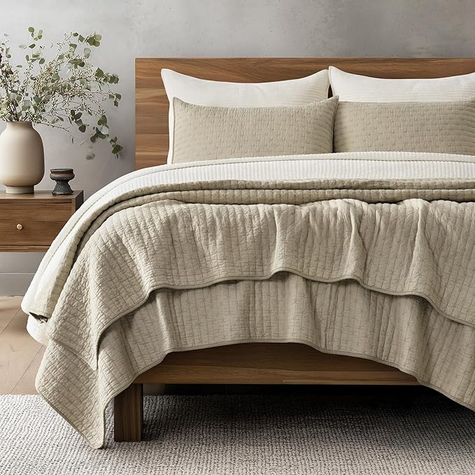 100% Cotton Cross Stitch 3-Piece Quilt Set, Queen, Driftwood | Cross Stitch Cotton Quilt, Pre-Washed Bedding Set, Oversized Lightweight Bedspread Coverlet, for All Season, with 2 Shams