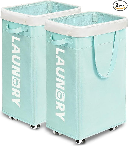 Goodpick 2-Pack Rolling Laundry Basket with Removable Wash Bag, 75L | Large Laundry Basket with Wheels and Handle for Dirty Clothes, Fodable Hamper for College Dorm,Blue