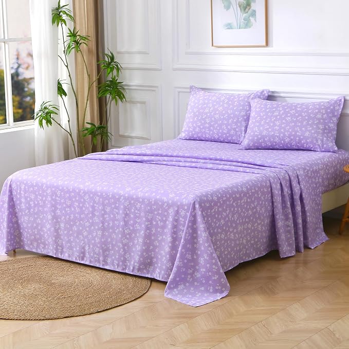 Viviland Queen Sheet Set - 4 Piece Cute Purple and White Flower Patterned Bed Sheets - Soft, Breathable Microfiber Sheets with Deep Pocket, Non-Slip Fitted Sheets & Pillowcases