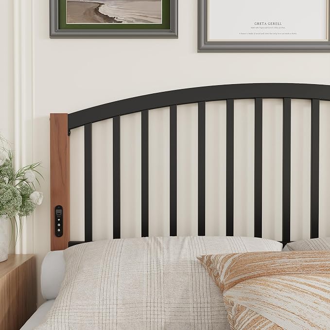 Metal Queen Headboard Only with LED Lights and USB, Cherry Wood Grain | Freestanding queen size headboard; adjustable height; USB charging station; modern bedroom design