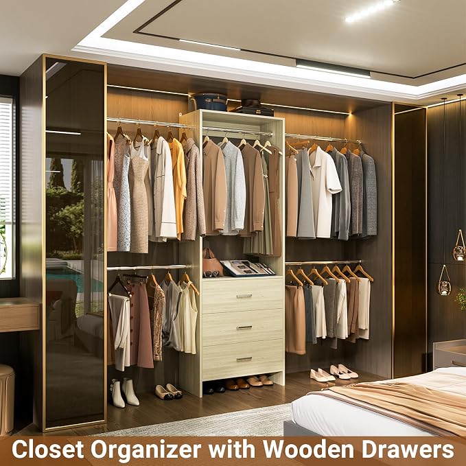 Aheaplus Closet System, 4.2-9Ft Closet Organizer with with 4 Rods, White Oak | for Walk in Closet, Wardrobe Clothes Rack with 4 Hanging Rods, Garment Rack