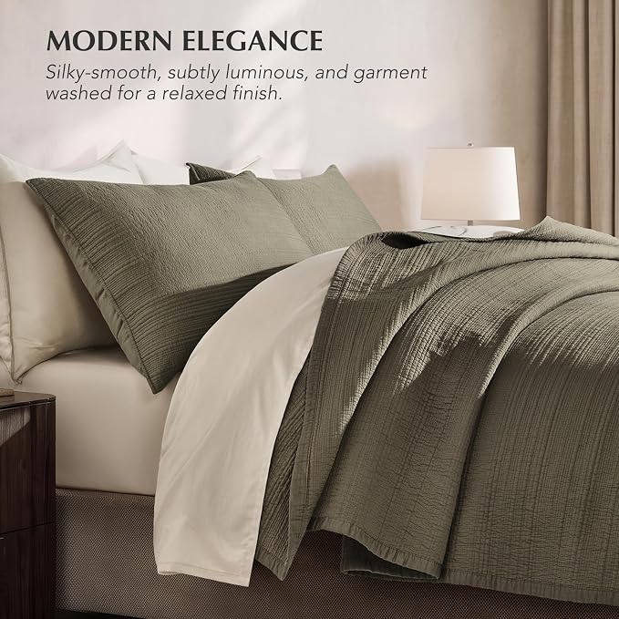EVERGRACEHOME Cotton Sateen Channel Quilt Set, King Size, Moss Green | 100% Cotton, Pre-Washed Soft Coverlet Bedspread, 3-Piece Refined Channel Stitch Bedding Set for All Season, 2 Pillow Shams