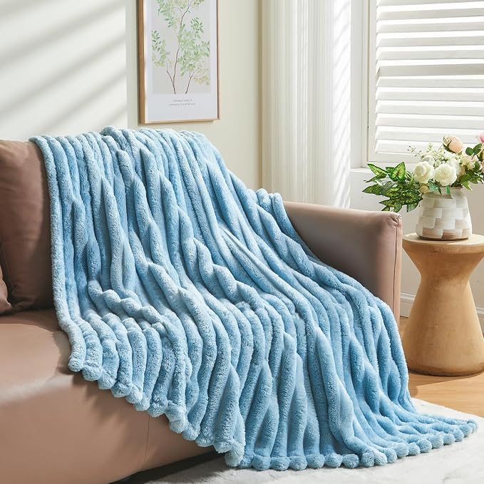 NEWCOSPLAY Fleece Ribbed Cozy Twin Blanket for Couch, Blue, 60"x80" | Premium Silky Flannel Blanket, Soft Lightweight Fluffy Throw Blanket for Bed Sofa Decor, Gift for All Season Use