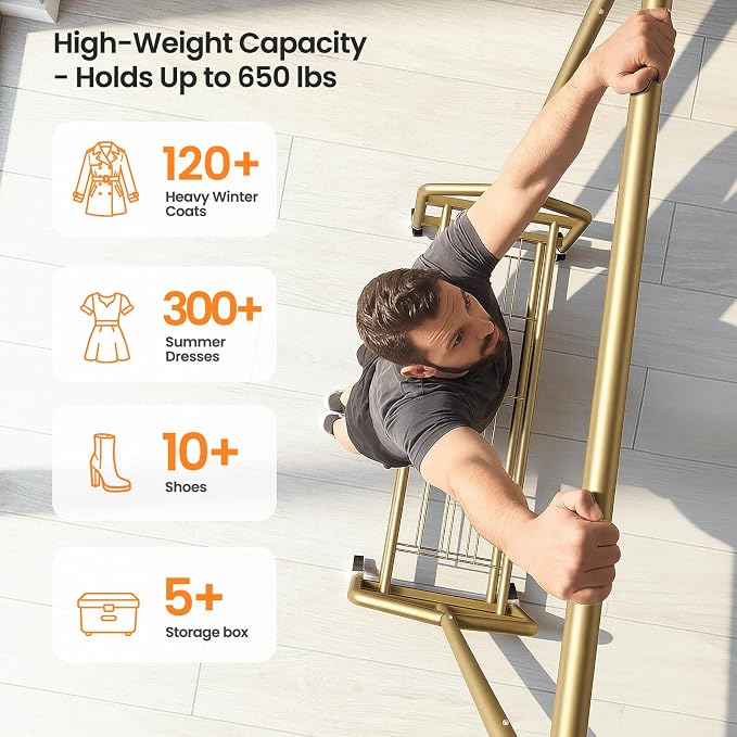 Heavy Duty Clothes Rack, Rolling Clothing Rack Load 650 LBS for Hanging Clothes with 2 Sturdy Shelves, Metal Garment Rack with Wheels for Bedroom, Laundry Room, Retail Store, Gold