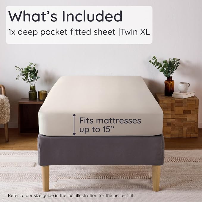Bambaw 100% Viscose Derived from Bamboo Twin XL Fitted Sheet – Twin XL Fitted Sheet with Corner Straps, Breathable & Cooling, Smooth Touch, Deep Pocket Design, Secure Hold for Restful Sleep (Sand)