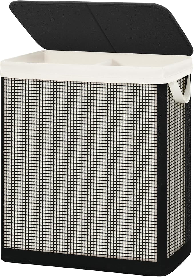 STO STO 2 Section Laundry Hamper with Lid, 140L Steel-Frame Double Laundry Hamper with Removable Washable Liner, Breathable Large Laundry Basket for Bedroom, Bathroom, Laundry Room, Dorm, Closet