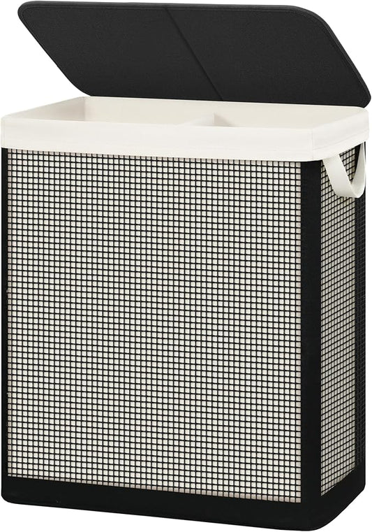 STO STO 2 Section Laundry Hamper with Lid, 140L Steel-Frame Double Laundry Hamper with Removable Washable Liner, Breathable Large Laundry Basket for Bedroom, Bathroom, Laundry Room, Dorm, Closet