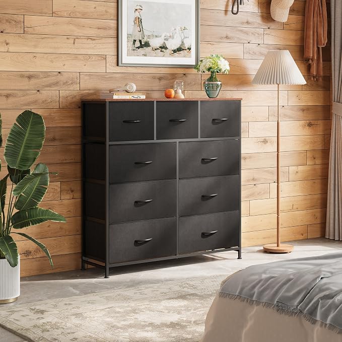 WLIVE Tall Dresser for Bedroom, 9 Drawer Dresser, Black and Rustic Brown | 9 roomy fabric drawers, Tall storage design, Bedroom or closet use, Chest of drawers, Smooth wood tabletop