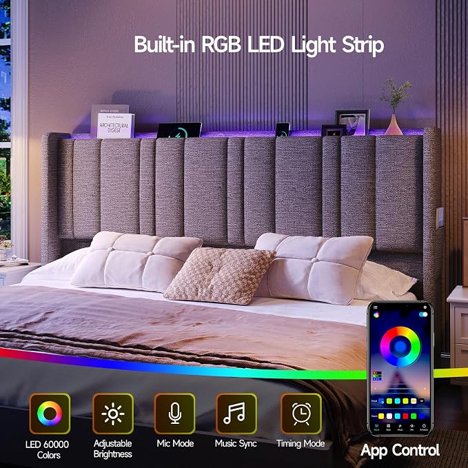ONBRILL King Size Headboard with Storage, LED Light, Grey | Linen Vertical Wingback Headboard w/ Charging Station, Upholstered Head Board w/ High-Density Foam Padding, 2 Storage Pockets